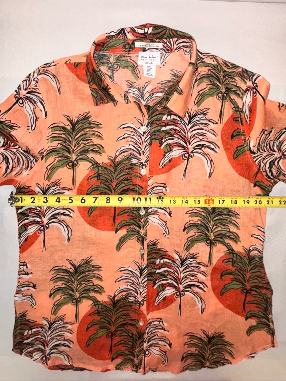 Nicole Miller Linen European Flax Sunset Palm Tree Resort Blouse M Boho Beach - Picture 9 of 10